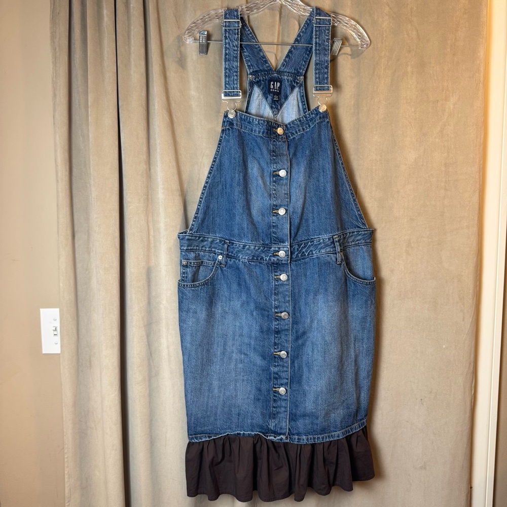 GAP Vintage Blue Denim Overall Dress with Brown Ruffle Jean Dress XXL for Good